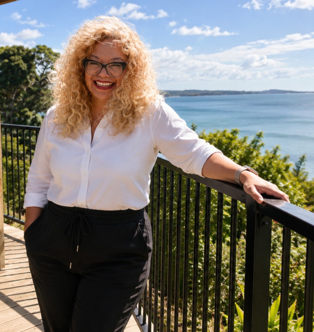 Tracey Pomare smiling beside the coast