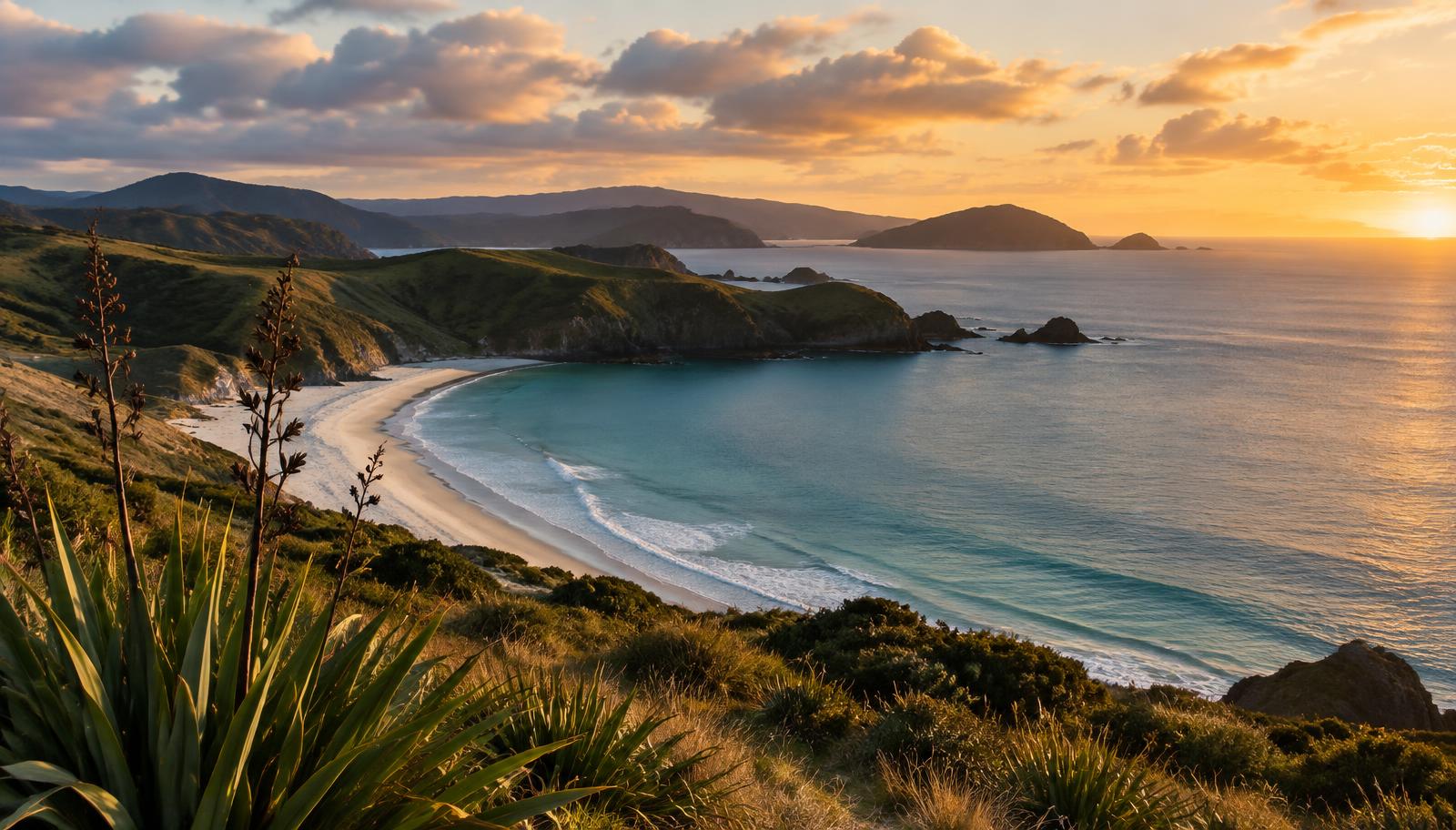 New Zealand coastline at golden hour